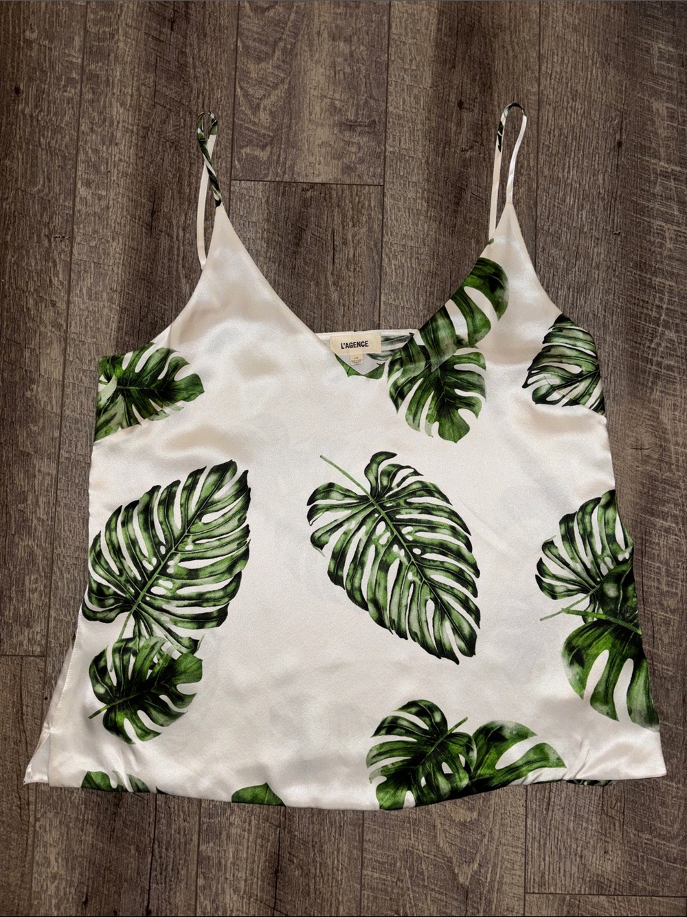 L'AGENCE White Satin Tank Top with Green Leaf Print